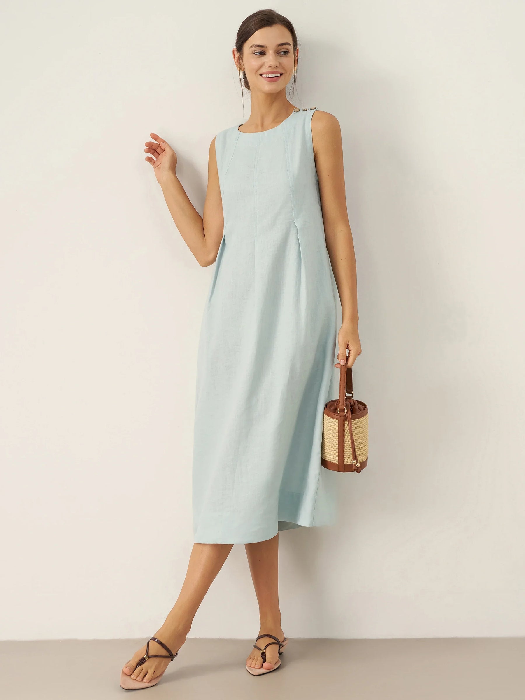 100% Linen Sleeveless Shoulder Button Midi Dress FREYA - Glamourous Grace