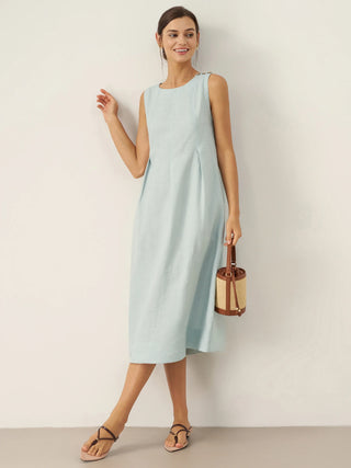 100% Linen Sleeveless Shoulder Button Midi Dress FREYA - Glamourous Grace