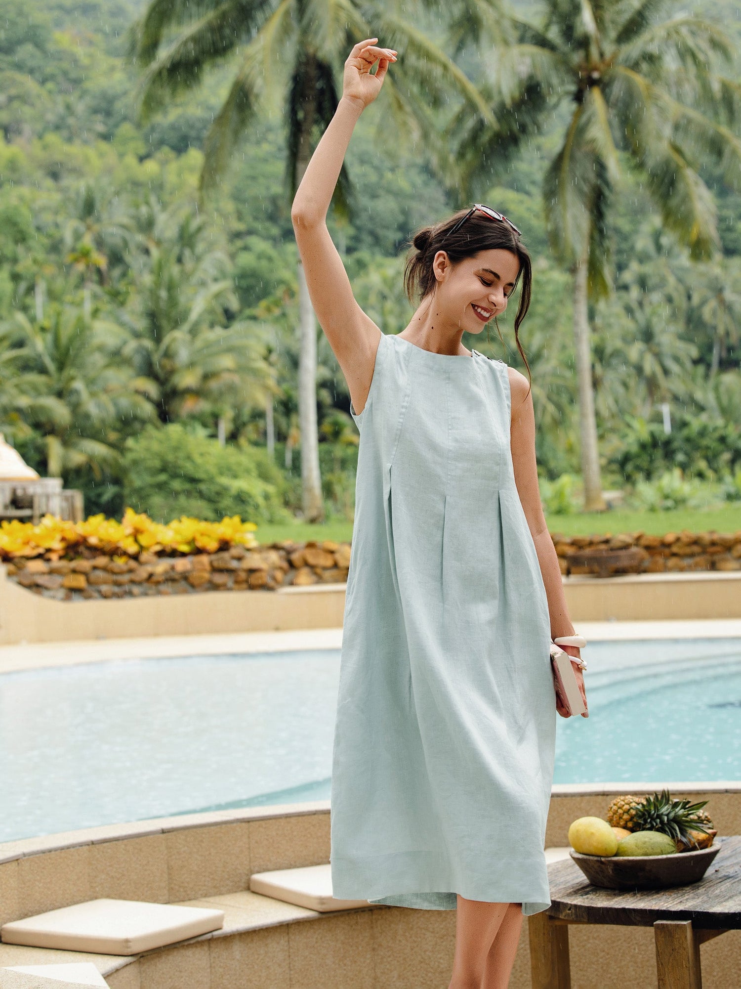 100% Linen Sleeveless Shoulder Button Midi Dress FREYA - Glamourous Grace