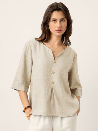 100% Linen Split Neck Inverted Pleat Top TABITHA - Glamourous Grace