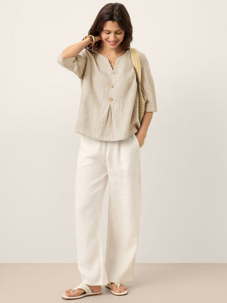 100% Linen Split Neck Inverted Pleat Top TABITHA - Glamourous Grace