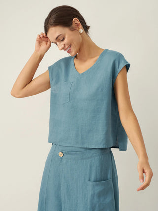 100% Linen V-Neck Cap Sleeve Crop Top FRESSA - Glamourous Grace