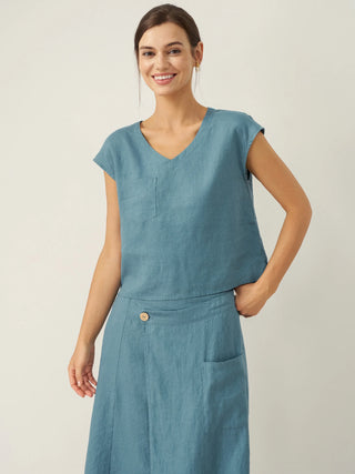 100% Linen V-Neck Cap Sleeve Crop Top FRESSA - Glamourous Grace