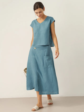 100% Linen V-Neck Cap Sleeve Crop Top FRESSA - Glamourous Grace
