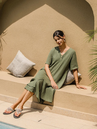 100% Linen V-Neck Double-Layer Midi Dress JAYDA - Glamourous Grace