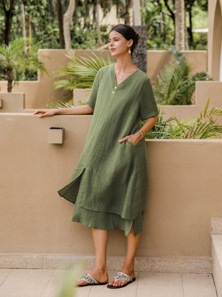 100% Linen V-Neck Double-Layer Midi Dress JAYDA - Glamourous Grace