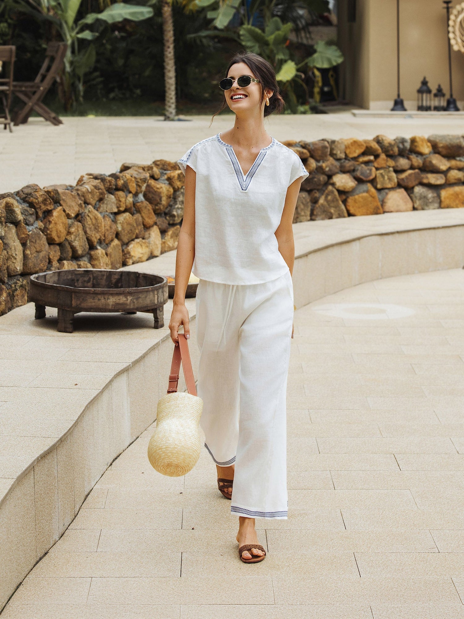 100% Linen Embroidered Elastic Waist Pants FENE - Glamourous Grace