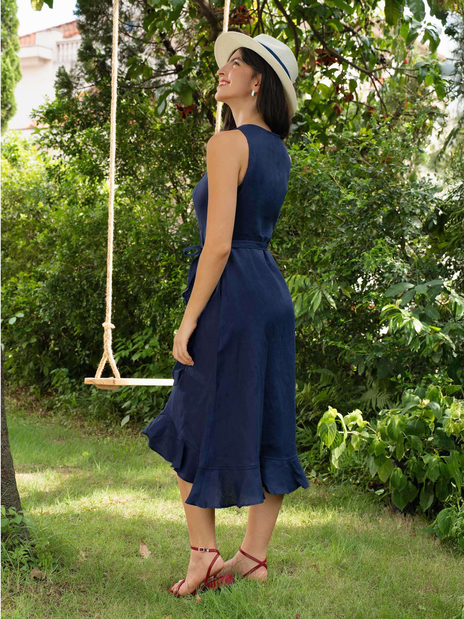 100% Linen V-Neck One-Piece Ruffle Hem Midi Dress MAYA - Glamourous Grace