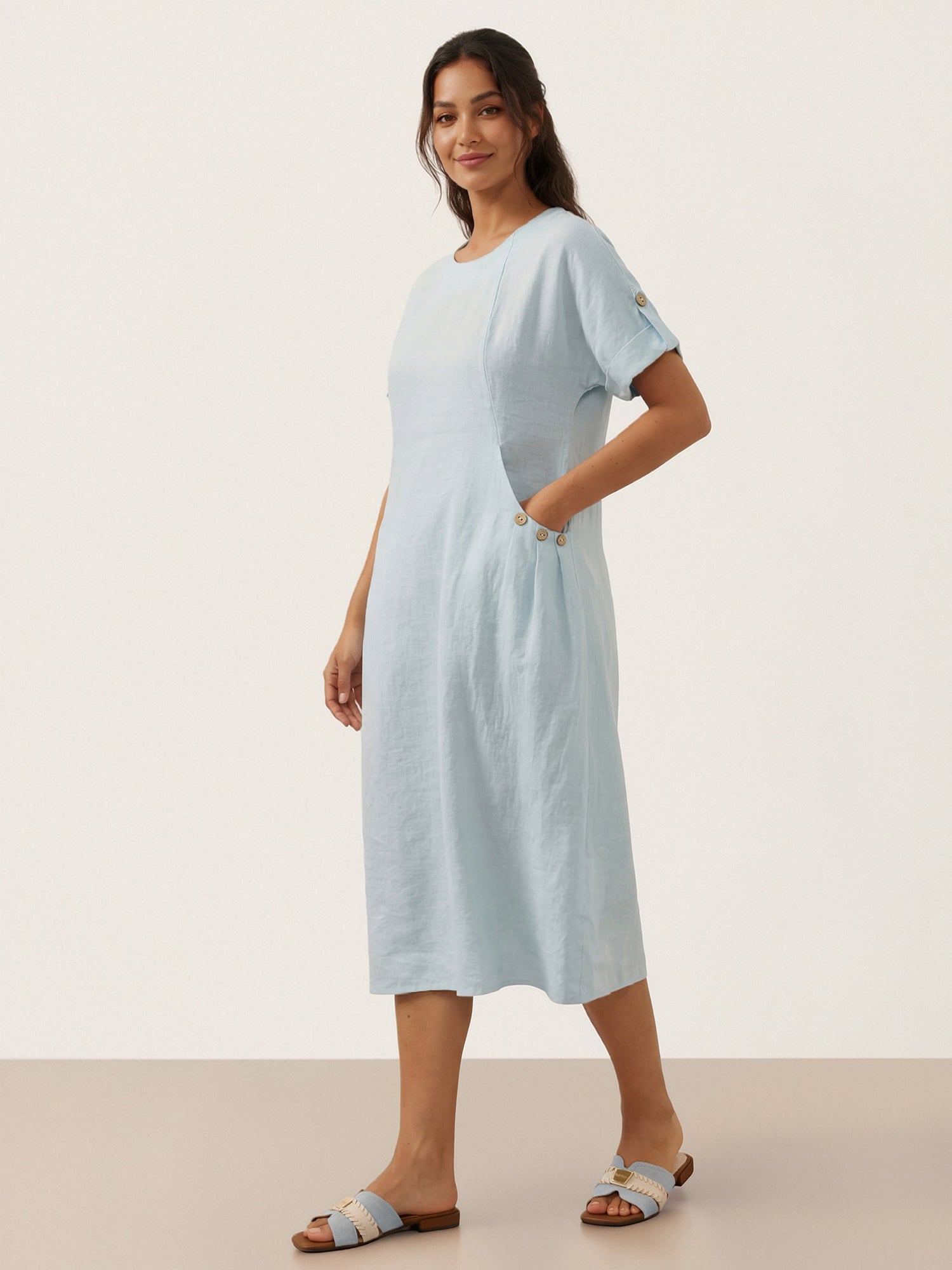 100% Linen Vintage A-Line Button Detail Maxi Dress AMIN - Glamourous Grace