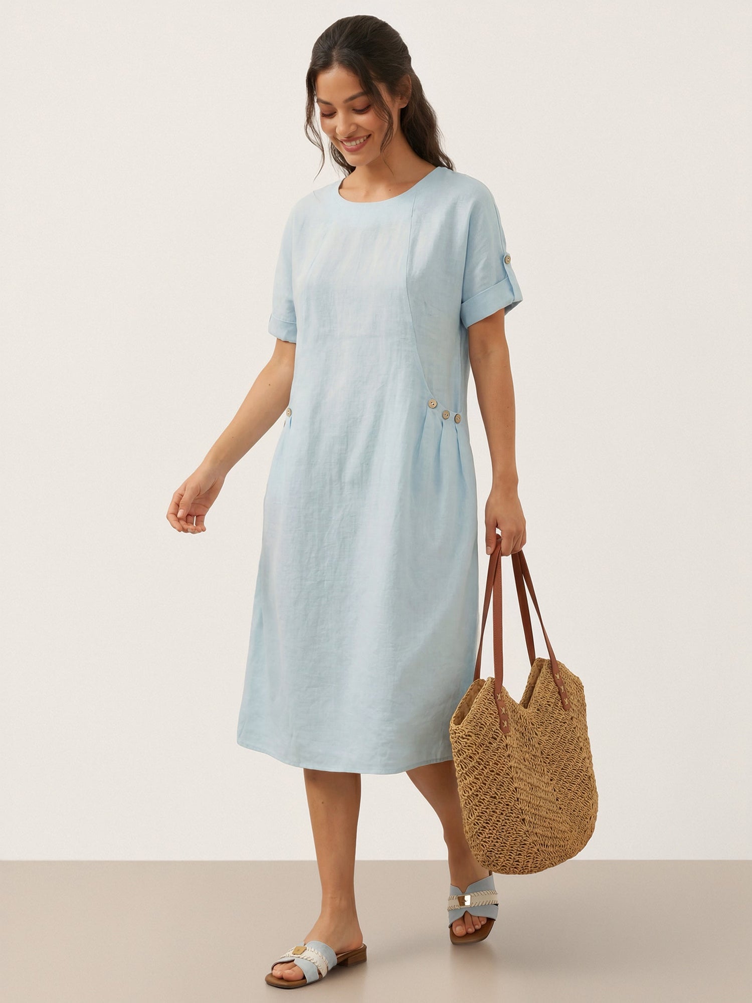 100% Linen Vintage A-Line Button Detail Maxi Dress AMIN - Glamourous Grace