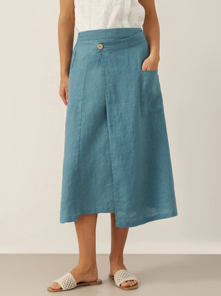 LINTICO dove blue 100% linen wrap skirt with angled closure and elastic waist, stylish and lightweight for casual wear.
