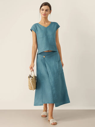 100% Linen Elastic Waist Angled Wrap Skirt FRESSA - Glamourous Grace