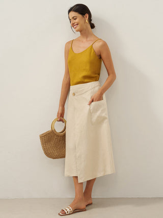 100% Linen Elastic Waist Angled Wrap Skirt FRESSA - Glamourous Grace