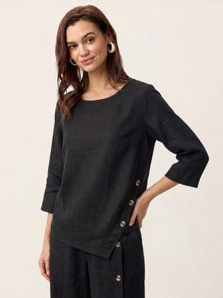 LINTICO 100% linen asymmetric-hem button-trim top in charcoal black, featuring a relaxed fit and stylish design.
