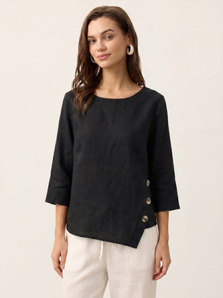 LINTICO 100% linen asymmetric-hem button-trim top in charcoal black, casual stylish short-sleeve linen women's top.