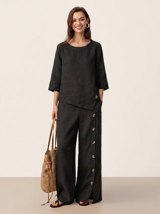 LINTICO 100% linen asymmetric-hem button-trim top in charcoal black, with a relaxed fit and stylish design.