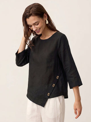 LINTICO 100% linen asymmetric-hem button-trim top in charcoal black, featuring a relaxed fit and stylish design.