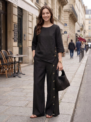 LINTICO 100% linen asymmetric-hem button-trim top in charcoal black, stylish and lightweight for casual wear.