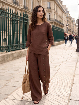 LINTICO 100% linen asymmetric-hem button-trim top in espresso brown, displayed on a neutral background.