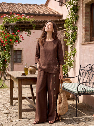 LINTICO 100% linen asymmetric-hem button-trim top in espresso brown, casual stylish women's top with unique hem detail.