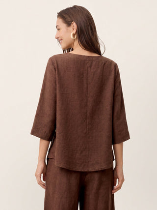 LINTICO 100% linen asymmetric-hem button-trim top in espresso brown, stylish and lightweight for casual wear.