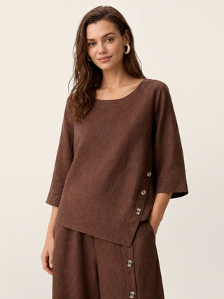LINTICO 100% linen asymmetric-hem button-trim top in espresso brown, featuring a relaxed fit and stylish design.