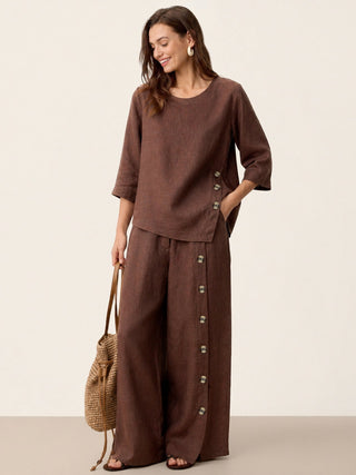 LINTICO 100% linen asymmetric-hem button-trim top in espresso brown, stylish and lightweight for casual wear.