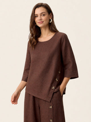 LINTICO 100% linen asymmetric-hem button-trim top in espresso brown, stylish and lightweight for casual wear.
