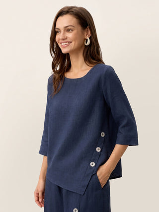 Navy blue linen top by LINTICO with asymmetric hem and button trim, featuring a stylish, breathable design for casual wear.