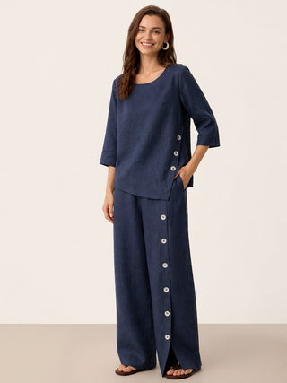 Navy blue linen asymmetric-hem button-trim top by LINTICO, featuring a stylish relaxed fit and elegant design.