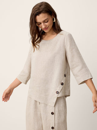 LINTICO 100% linen asymmetric-hem button-trim top in stone oat color, stylish and lightweight for casual wear.