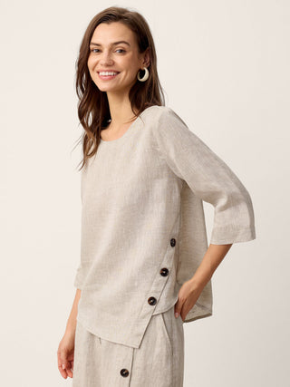 LINTICO 100% linen asymmetric-hem button-trim top in stone oat color, featuring a relaxed fit and stylish design.