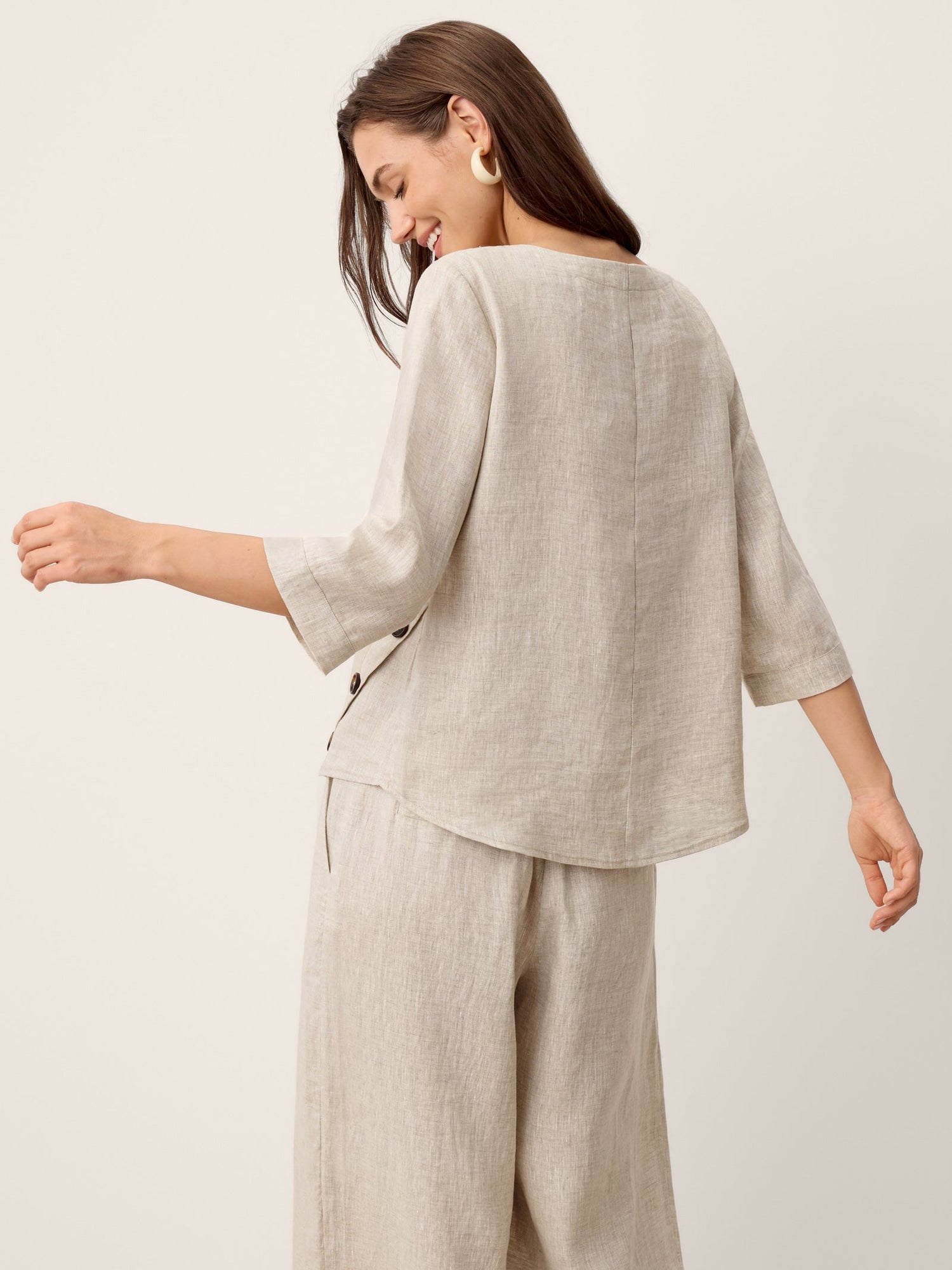 100% Linen Asymmetric-Hem Button-Trim Top NYLA - Glamourous Grace