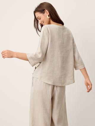 LINTICO 100% linen asymmetric-hem button-trim top in stone oat color, stylish and lightweight for casual wear.