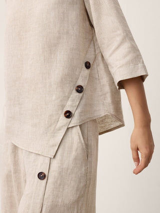 LINTICO 100% linen asymmetric-hem button-trim top in stone oat, casual and stylish women's linen top.