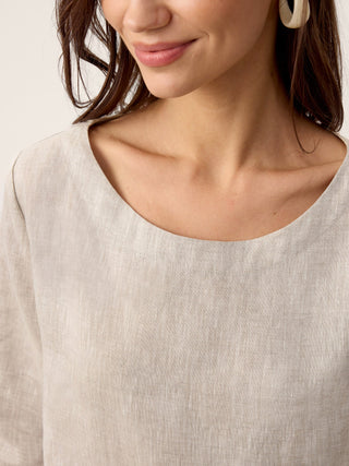 LINTICO 100% linen asymmetric-hem button-trim top in stone oat color, stylish and lightweight for casual wear.