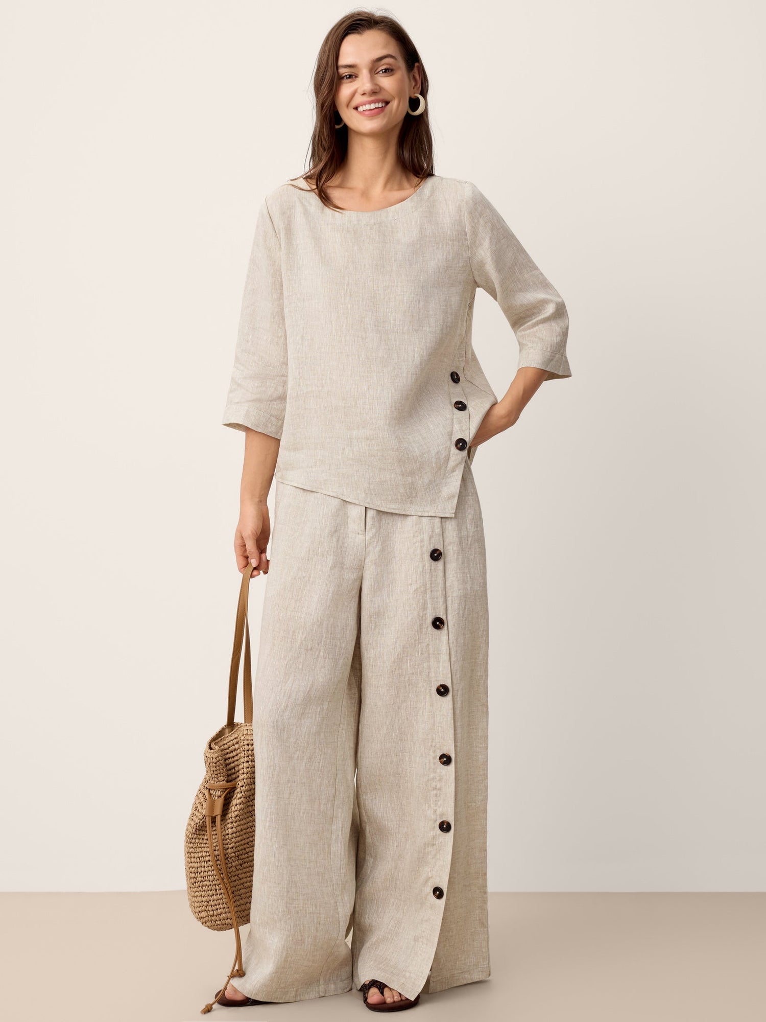 100% Linen Asymmetric-Hem Button-Trim Top NYLA - Glamourous Grace