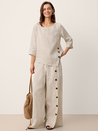 LINTICO 100% linen asymmetric-hem button-trim top in stone oat color, stylish and lightweight women's blouse.