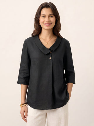 LINTICO 100% linen asymmetric collar top with inverted pleats, long charcoal black linen top, stylish and lightweight for casual wear.