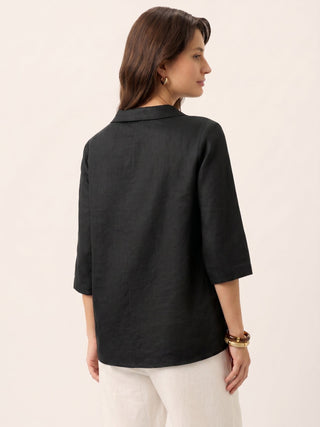 LINTICO 100% linen asymmetric collar long top with inverted pleats in charcoal black, stylish and comfortable for casual wear.