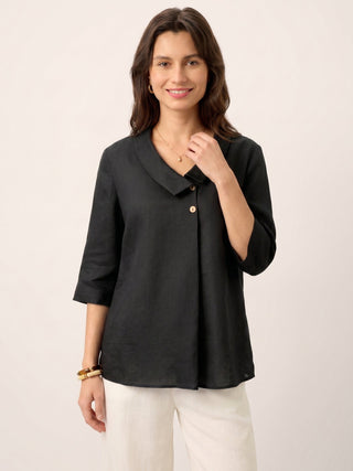LINTICO 100% linen asymmetric collar long top with inverted pleat in charcoal black, featuring a stylish modern design.