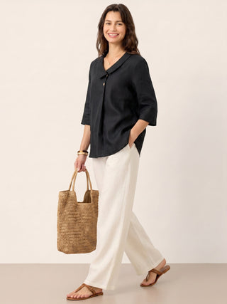 LINTICO 100% linen asymmetric collar long top with inverted pleats in charcoal black, featuring a stylish, relaxed fit.