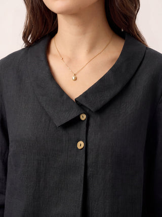 LINTICO 100% linen asymmetric collar top with inverted pleats in charcoal black, long style, stylish and lightweight for casual wear.