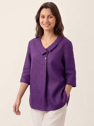 Dark purple linen long top with asymmetric collar and inverted pleat design by LINTICO, featuring a stylish, relaxed fit.