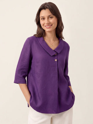 Dark purple linen long top with asymmetric collar and inverted pleat, by LINTICO, featuring a stylish and relaxed fit.