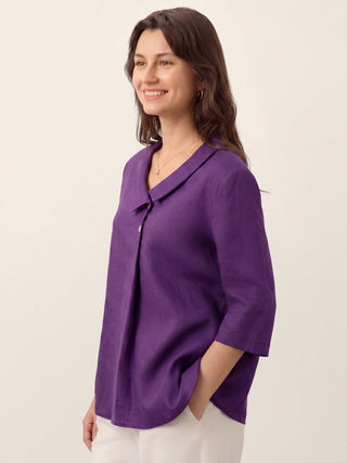 Dark purple LINTICO linen long top with asymmetric collar and inverted pleats, stylish and lightweight for a modern look.