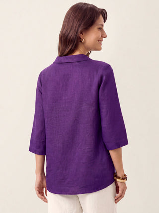 Dark purple linen long top with asymmetric collar and inverted pleat, by LINTICO, featuring a stylish, relaxed fit.