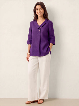 Dark purple linen long top with asymmetric collar and inverted pleat, stylish OTTILIE by LINTICO.