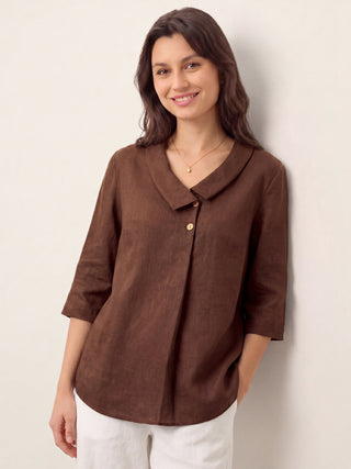 LINTICO 100% linen asymmetric collar long top with inverted pleat in espresso brown, stylish and lightweight for casual wear.