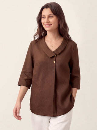 LINTICO 100% linen OTTILIE long top with asymmetric collar and inverted pleat in espresso brown, stylish and lightweight.
